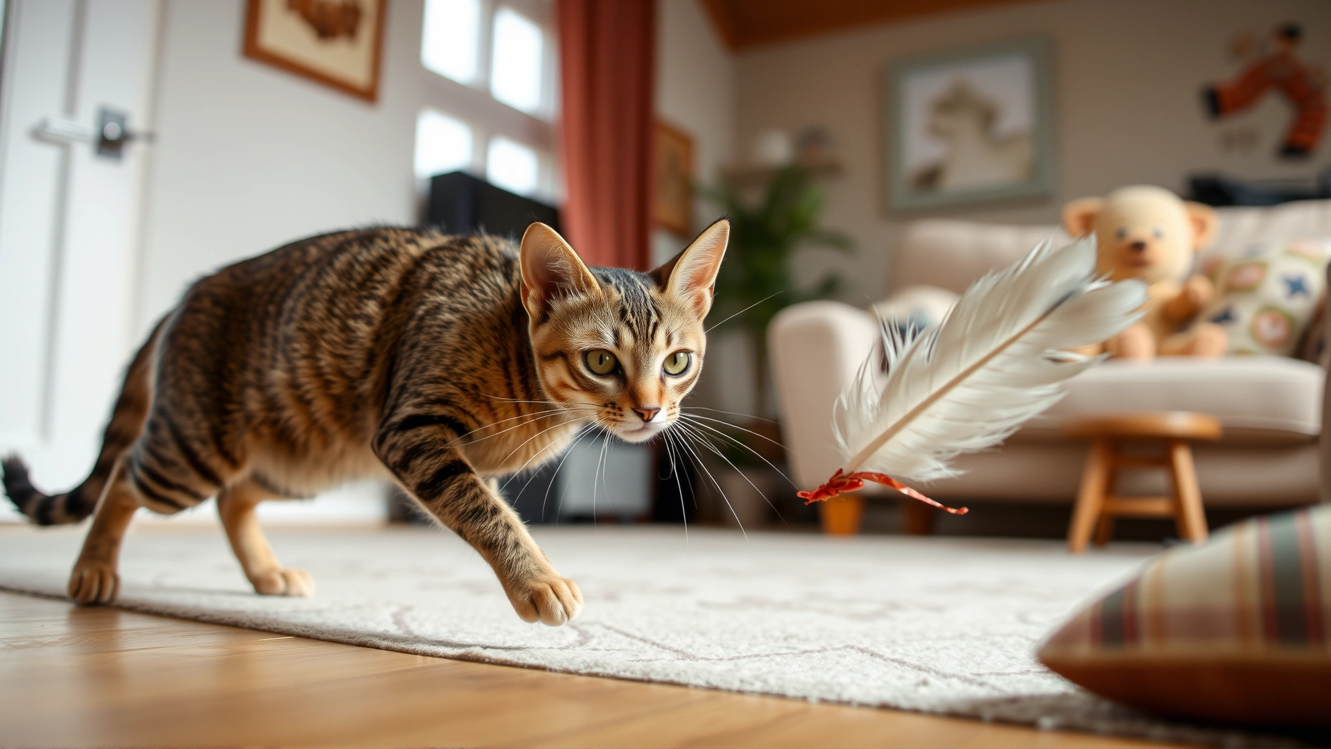 Playful slim tabby cat chasing a feather toy in a bright living room, symbolizing recovery and good health