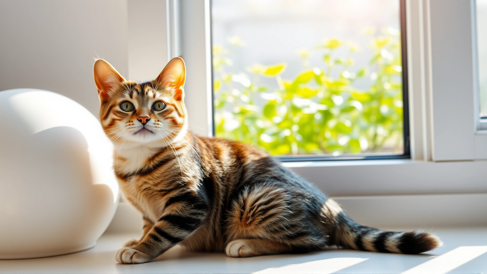 Cheerful healthy tabby cat sitting by a sunny window with green plants outside, representing wellness and prevention.