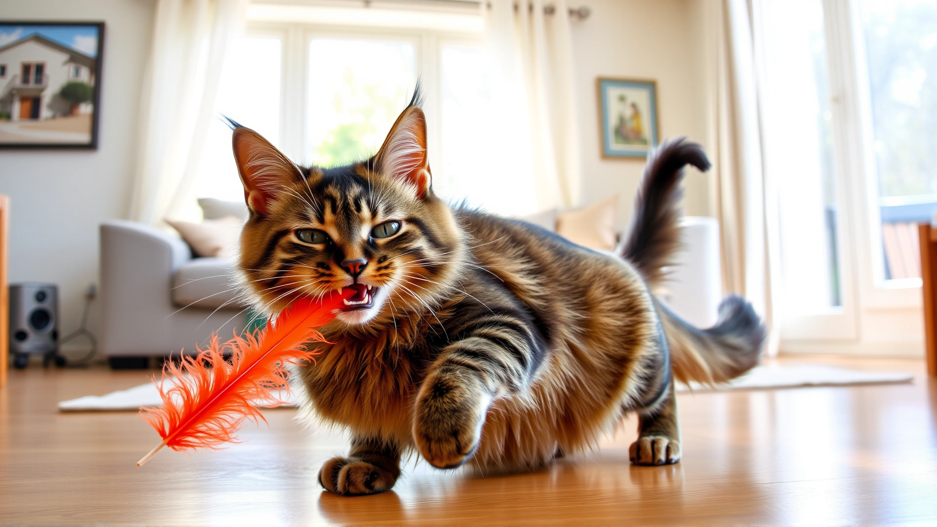 Healthy, energetic cat playing with a feather toy in a sunny living room, vibrant colors, no text.
