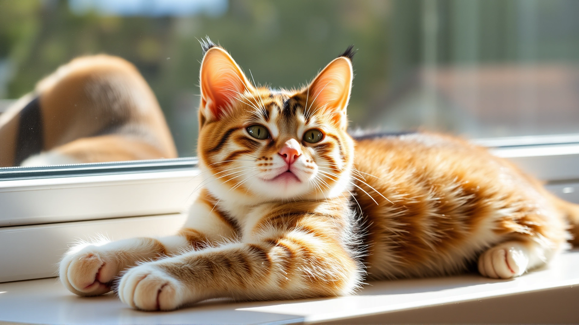 Healthy and playful domestic shorthair cat stretching on a sunny windowsill, looking content