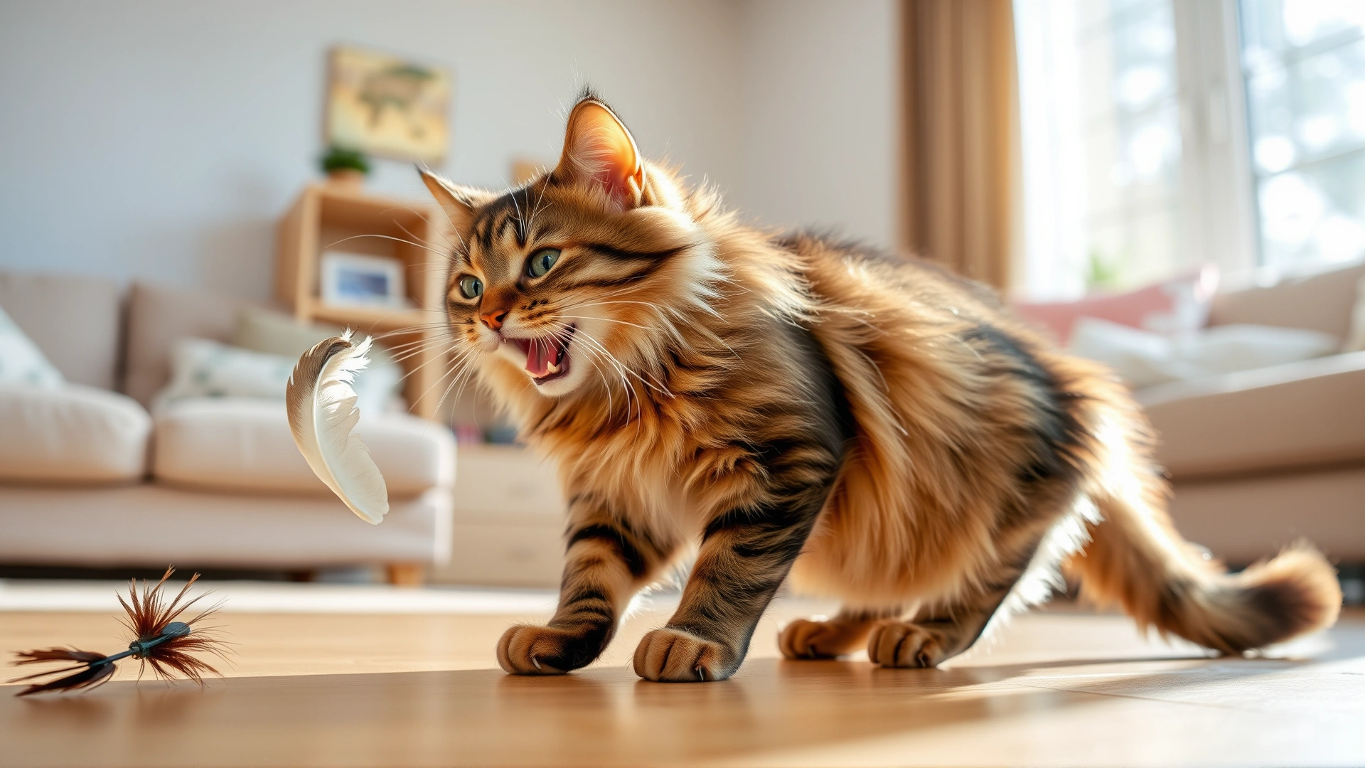 Energetic healthy cat with shiny coat playing with a feather toy in a sunlit living room, illustrating successful treatment outcome.