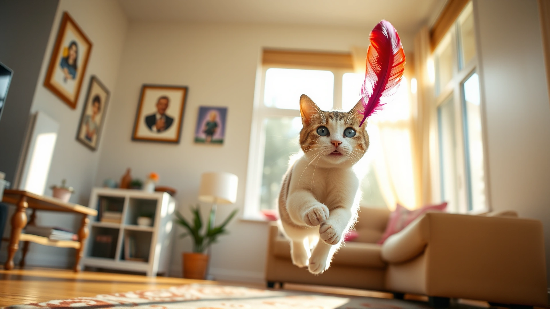 Bright, cheerful photo of a playful cat chasing a feather toy in a sunlit living room, capturing a sense of health and vitality
