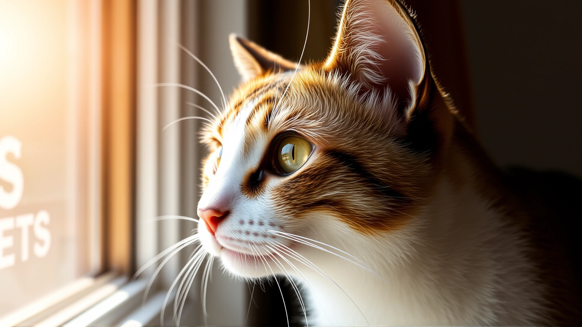 Healthy cat looking out of a sunny window, representing recovery and good eye health.