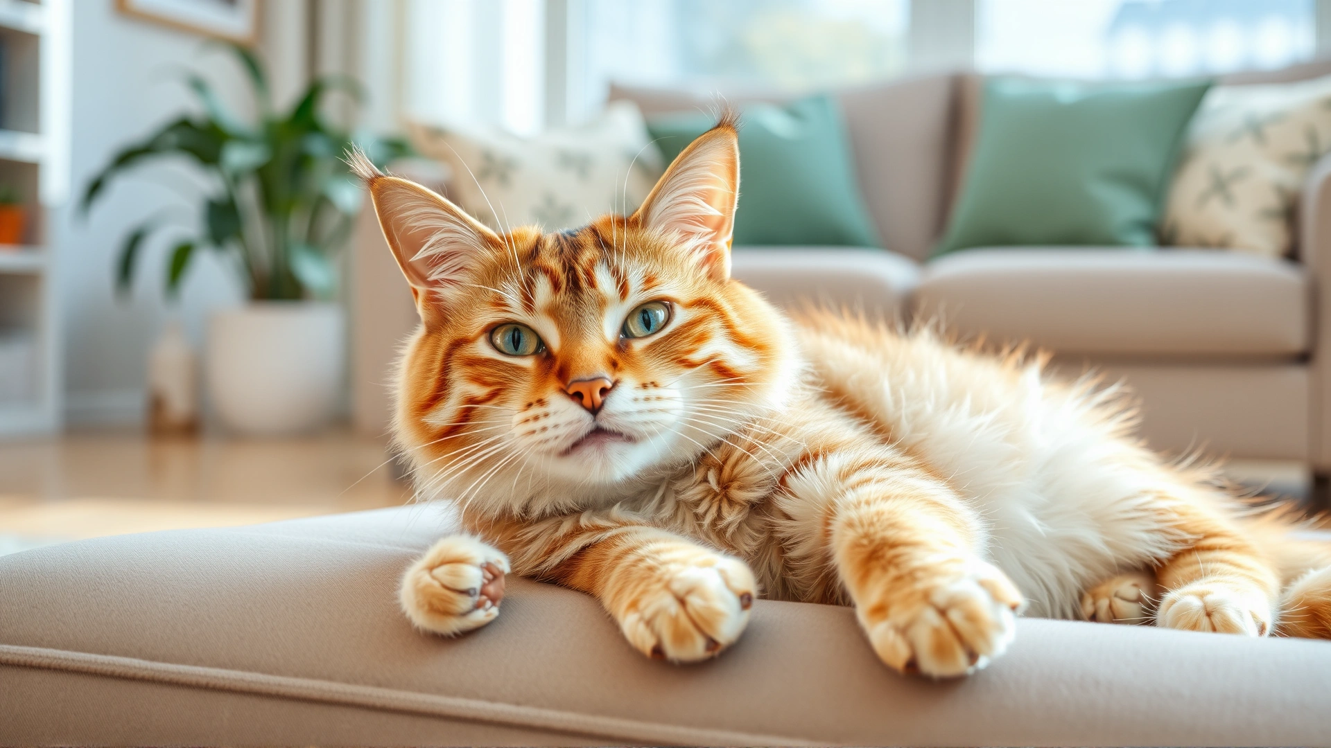 Portrait of a playful, healthy cat lounging comfortably in a bright living room, symbolizing successful treatment and recovery