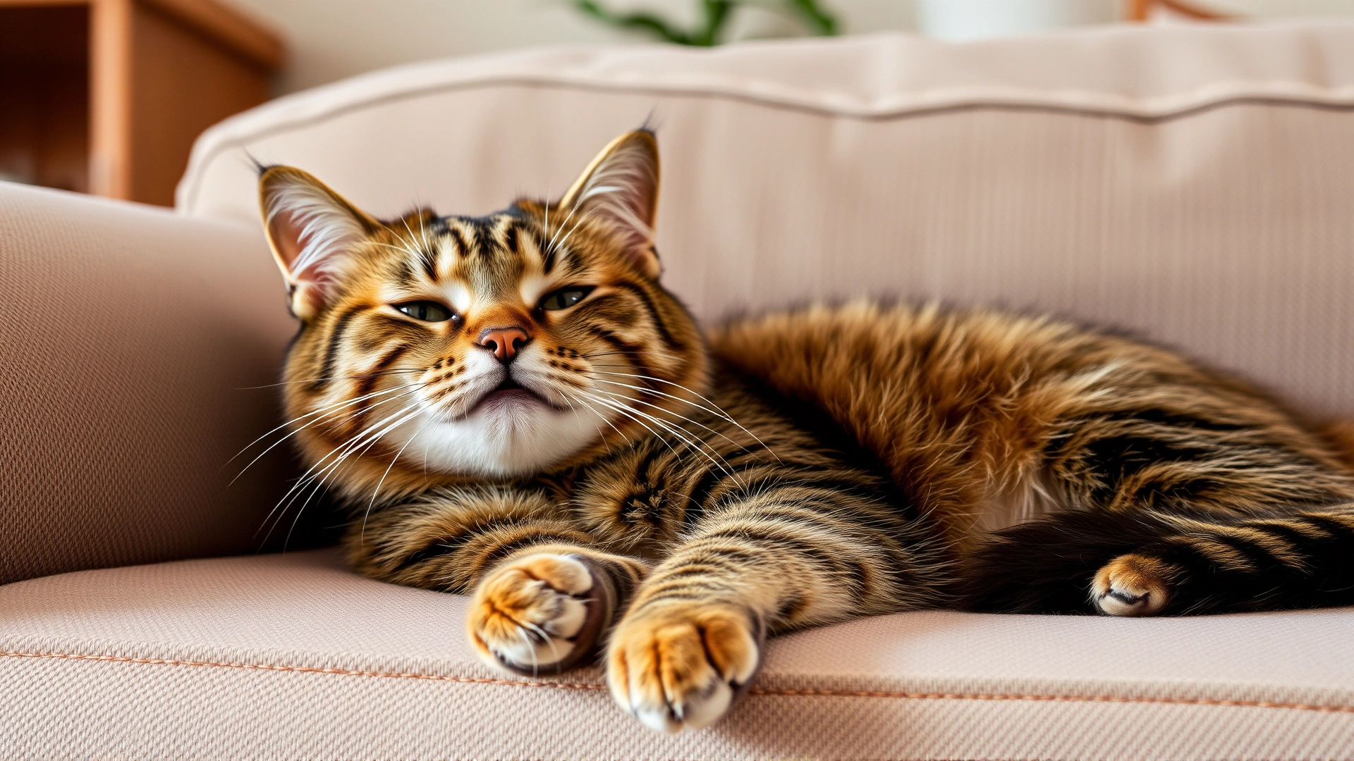Relaxed, healthy-looking cat lounging comfortably on a couch at home, appearing content and well.