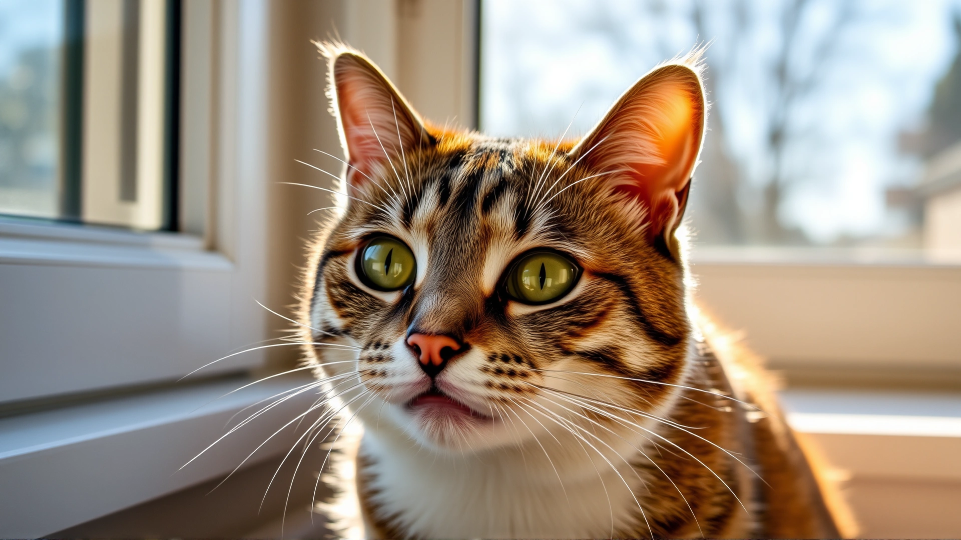 Healthy-looking cat sitting on a windowsill with sparkling eyes and closed mouth, warm sunlight streaming in.