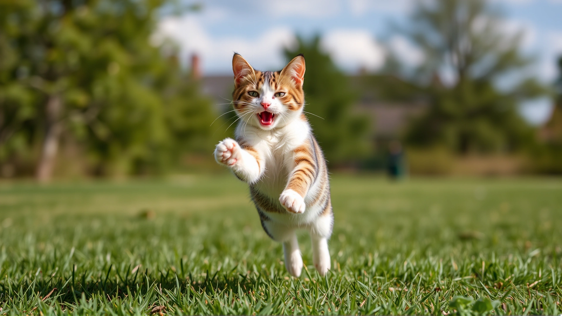Outdoor photo of a playful cat mid-air jump over green grass with fully extended healthy hind legs under sunny skies
