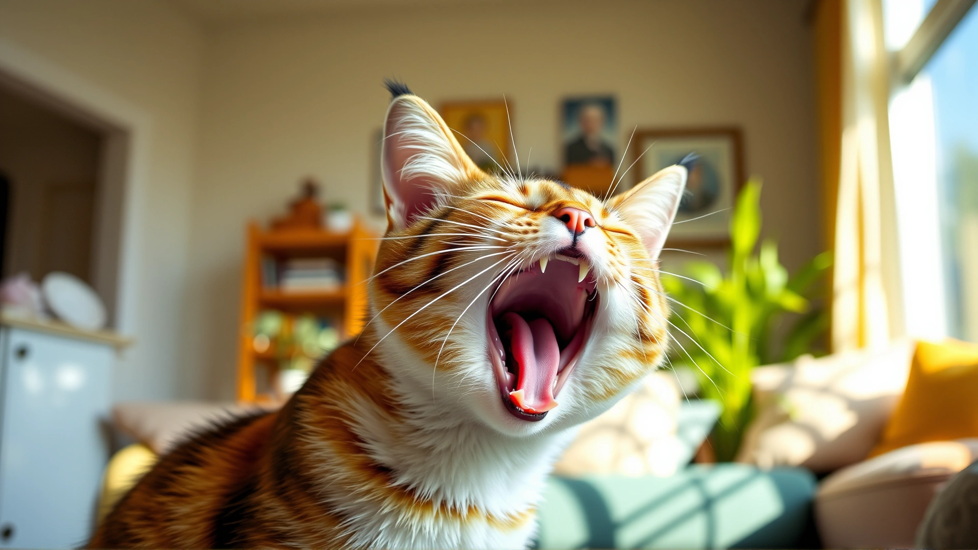 Healthy playful cat stretching its jaw widely while yawning in a sunny living room, vibrant colors