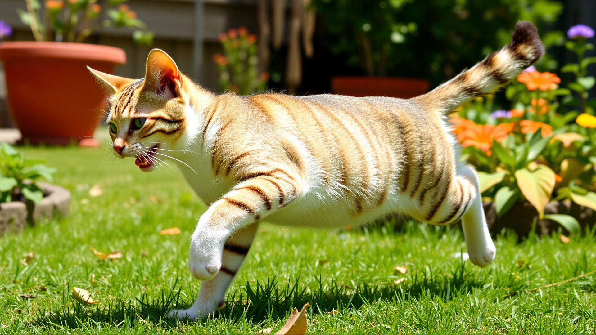 Three-legged tabby cat playfully running in a sunny backyard garden, looking healthy and joyful, no text
