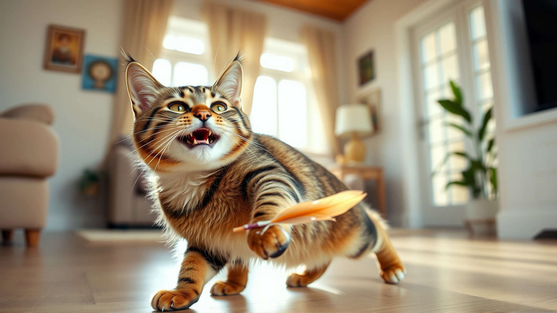 Healthy adult tabby cat happily chasing a feather toy in a sunlit living room, vibrant and positive atmosphere