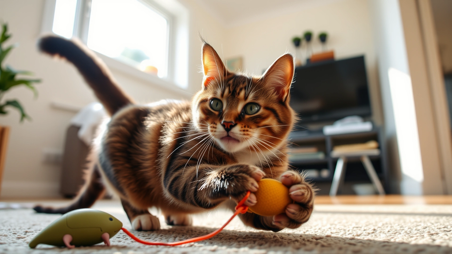 Healthy neutered cat playing with a toy mouse in a sunlit living room, looking energetic and carefree