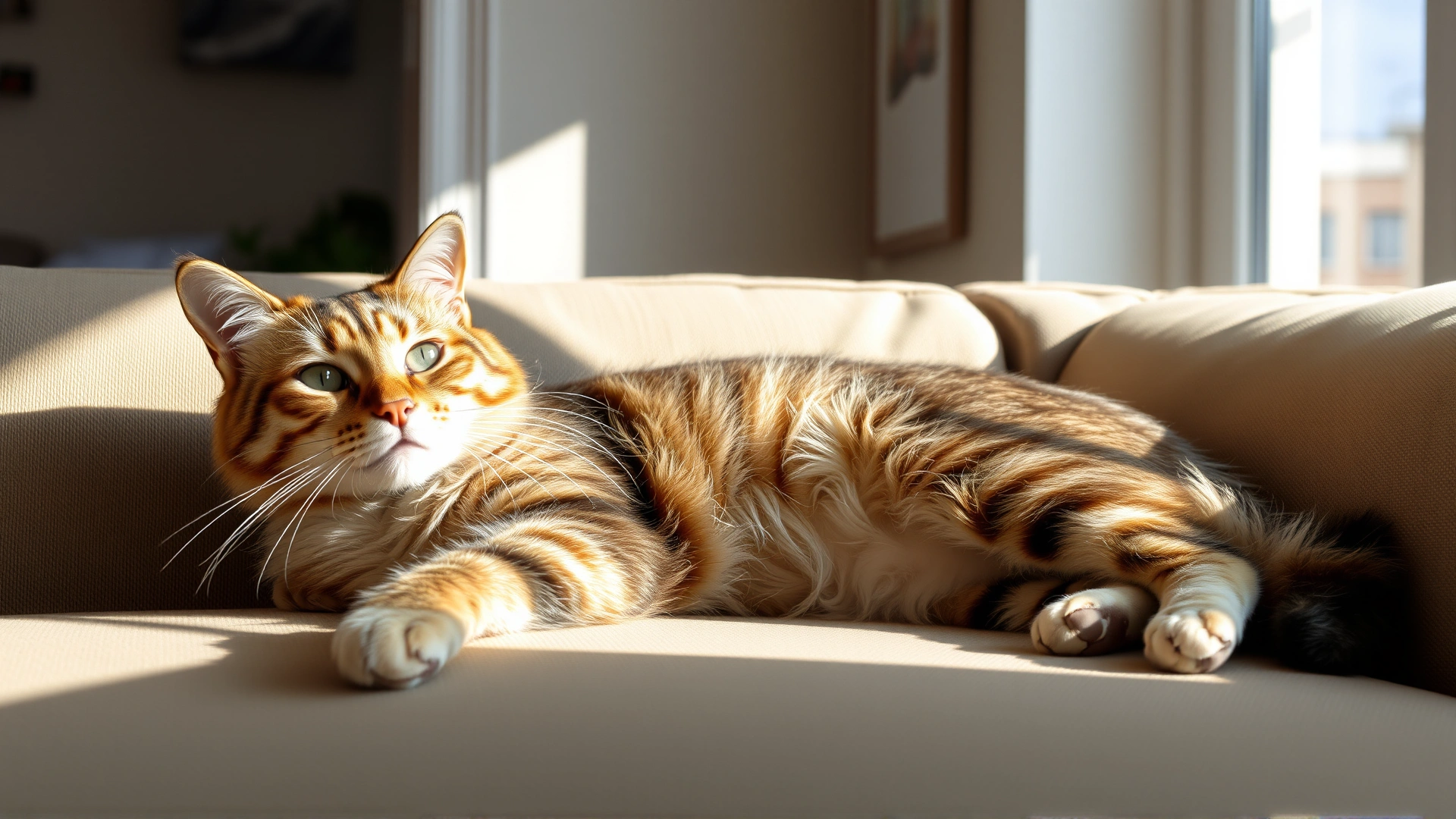 A healthy neutered male cat lounging comfortably on a sunny living room couch, appearing relaxed and content.