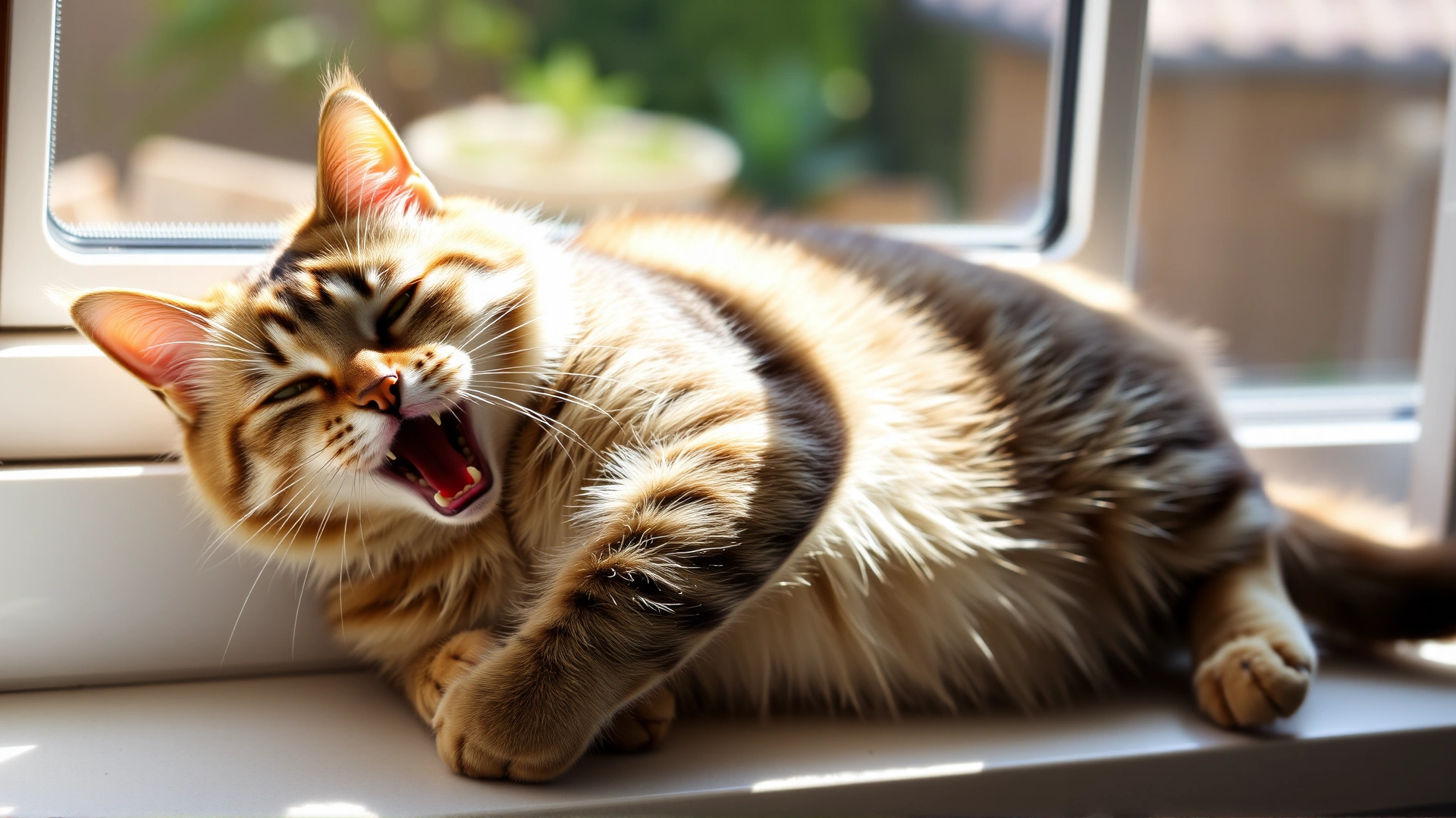 Playful adult male cat stretching and yawning on a sunny windowsill, looking healthy and content.