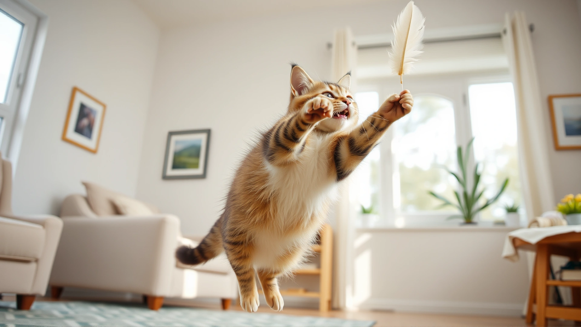 Playful adult cat leaping to catch a feather toy in a bright living room, illustrating restored mobility