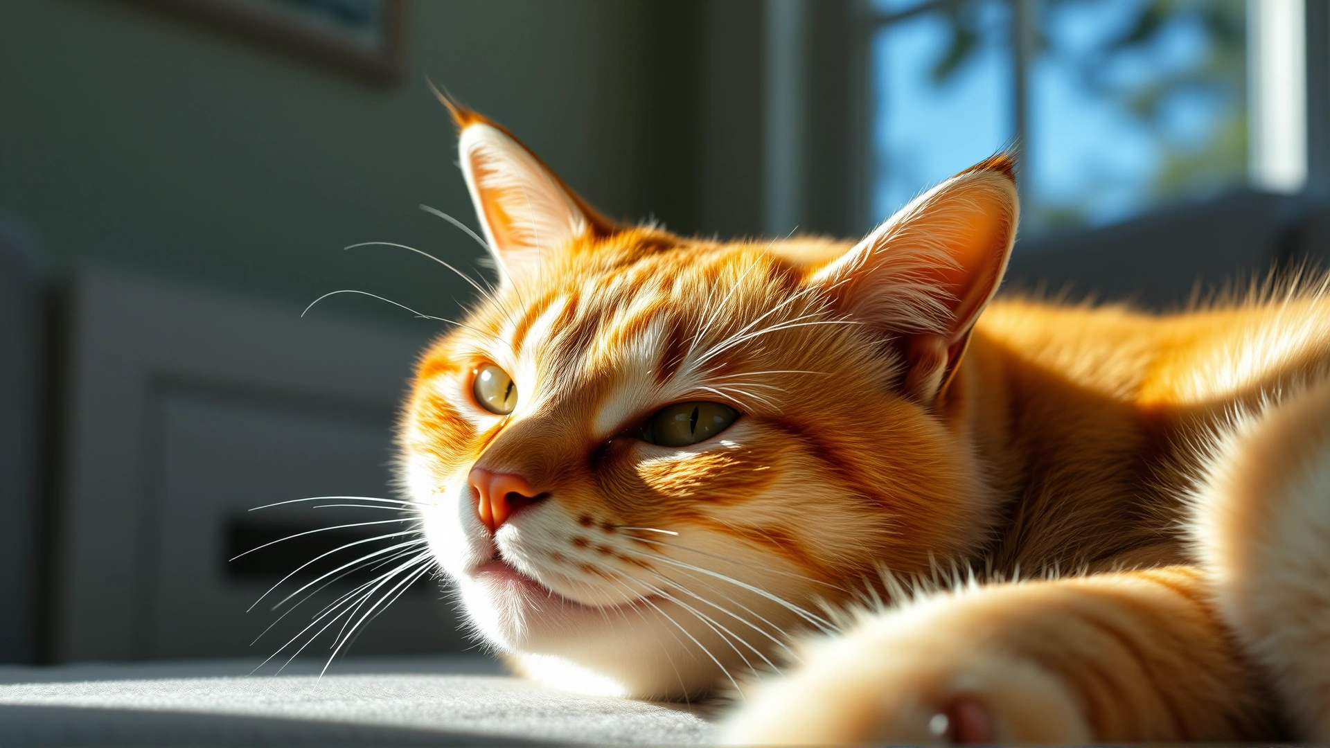 Healthy, relaxed cat basking in sunlight at home, clear eyes and smooth fur