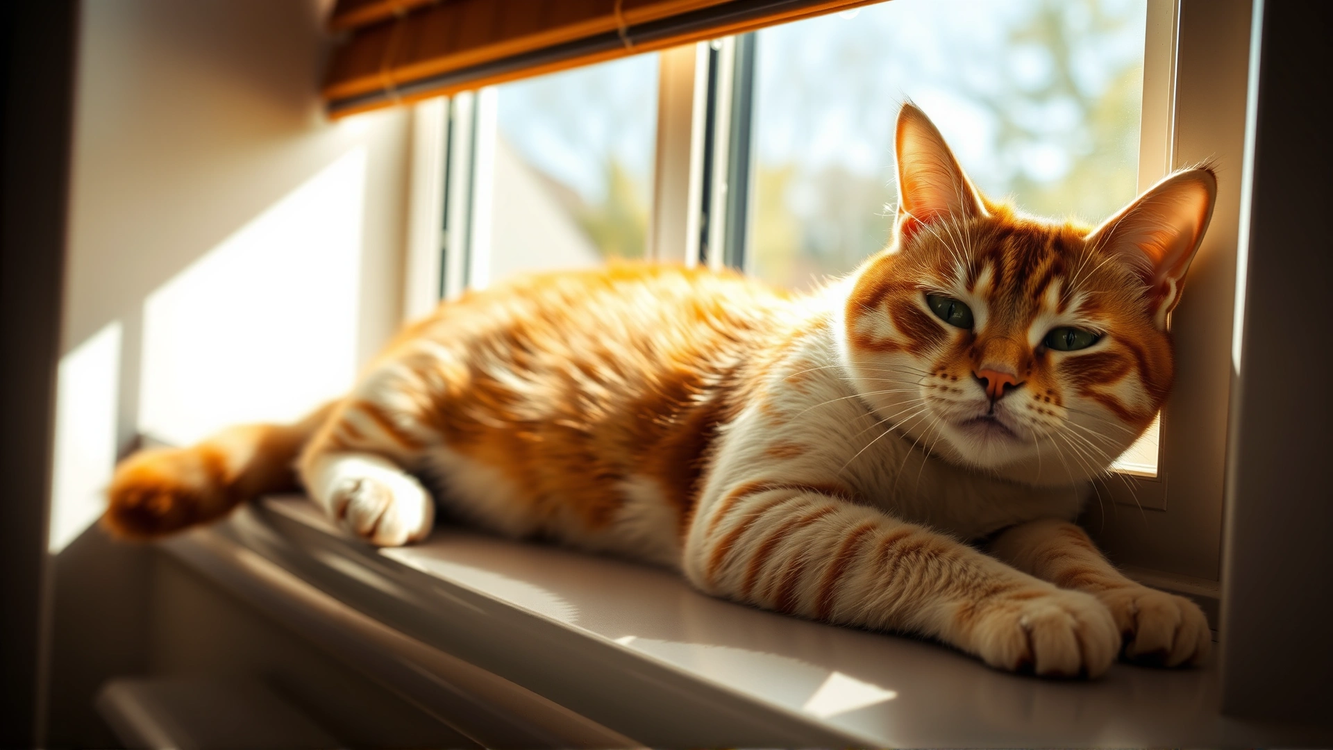 Healthy domestic cat stretching comfortably on a sunny windowsill with soft warm light, relaxed posture, conveys recovery and well-being.
