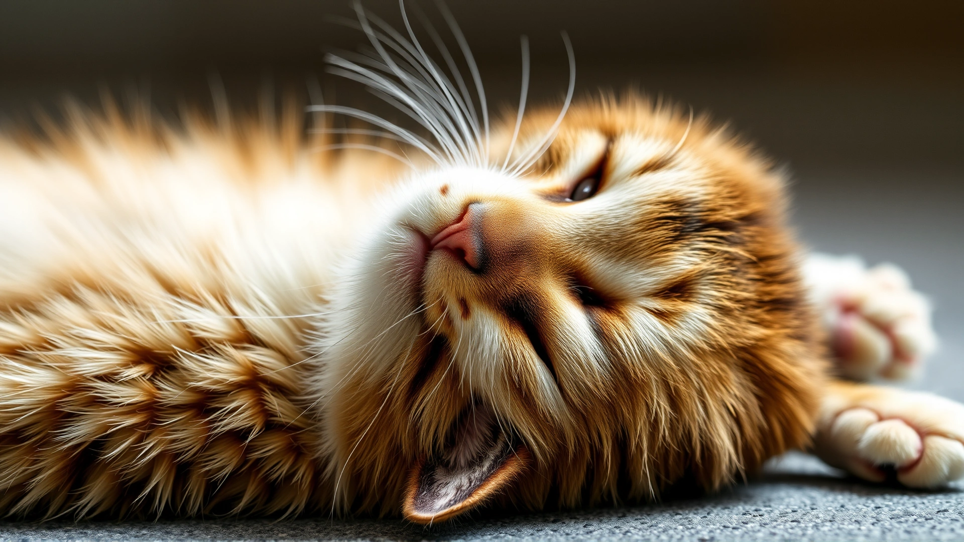 Healthy playful cat lying on its back looking relaxed and breathing comfortably