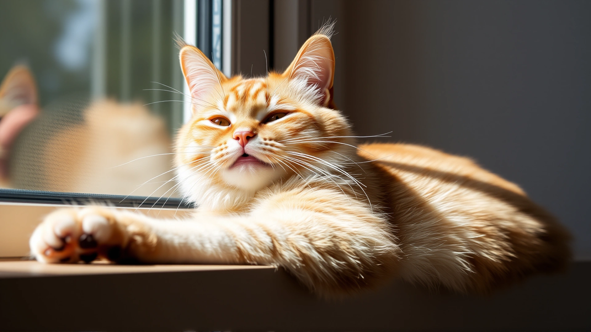Healthy cat with even fur color lounging happily on a sunlit windowsill, representing successful management of skin condition.