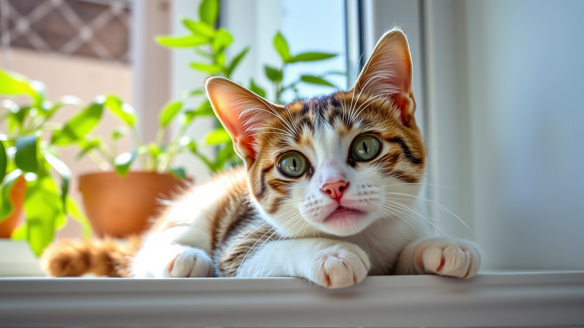 Playful healthy cat lying on a sunny windowsill with clear skin and bright eyes, green indoor plants in background, no text