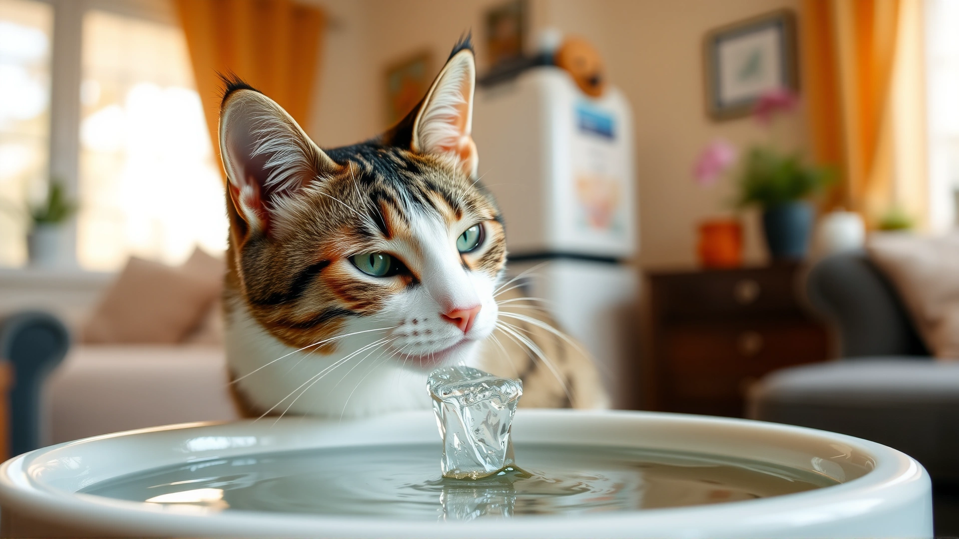 Healthy domestic cat happily drinking from a water fountain at home, bright cozy interior.