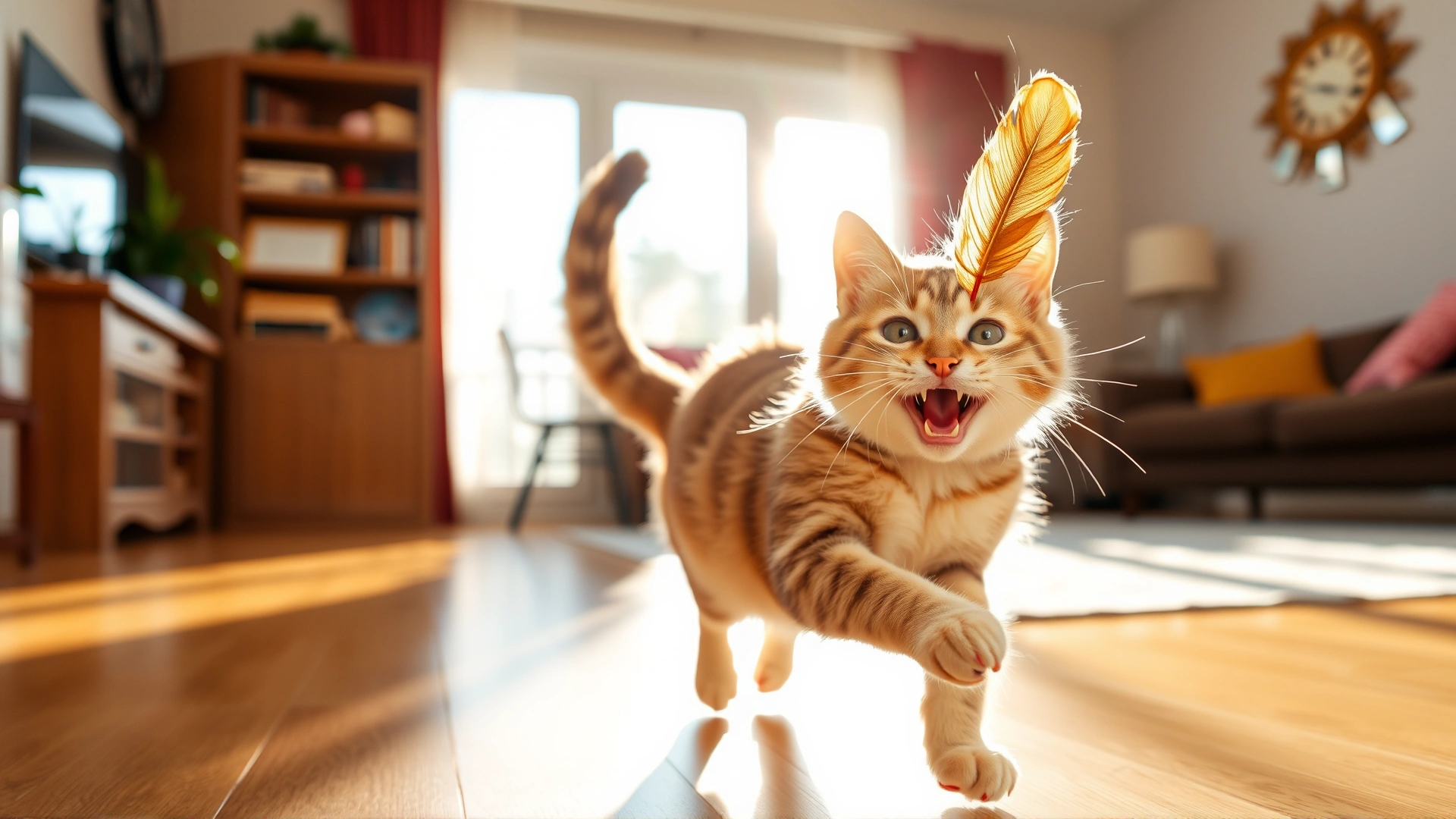 Healthy playful cat chasing a feather toy in a bright sunlit living room, showing vitality and joy.