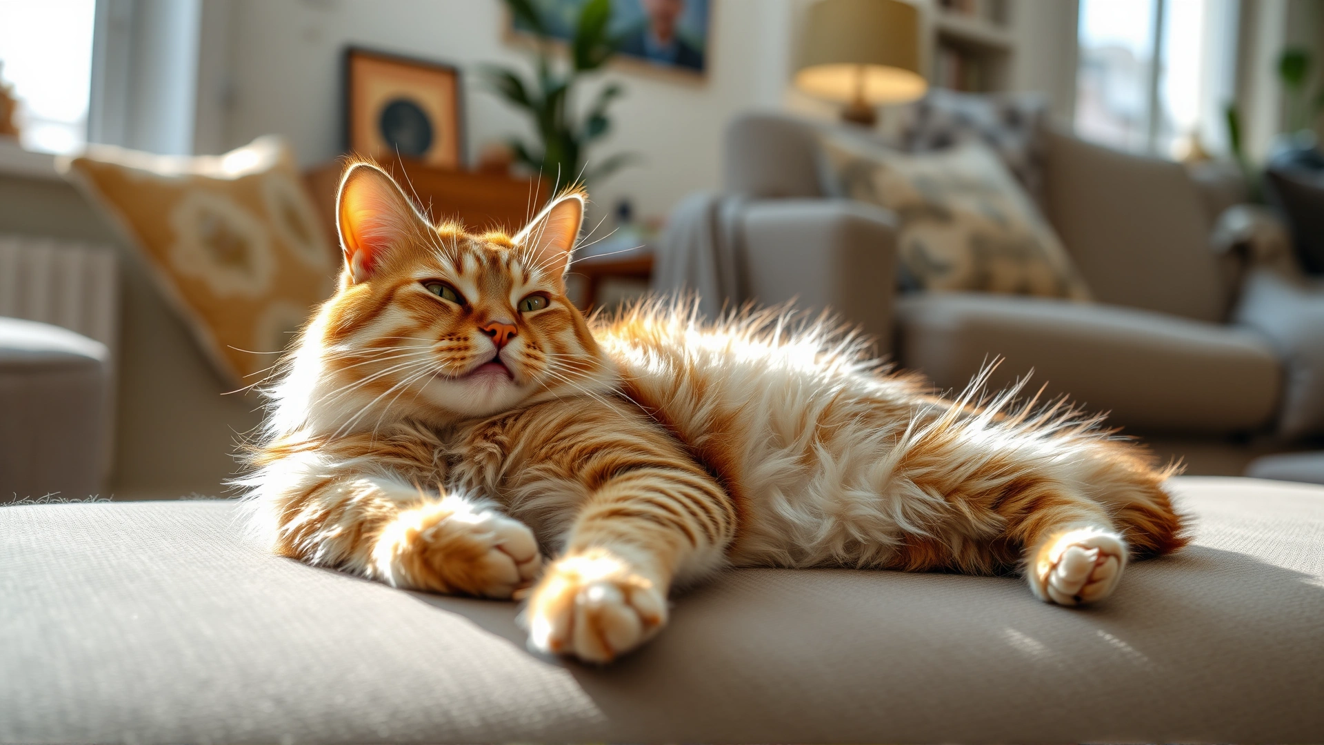 Senior cat lounging comfortably in a sunlit living room, looking content and healthy, illustrating successful long-term management.