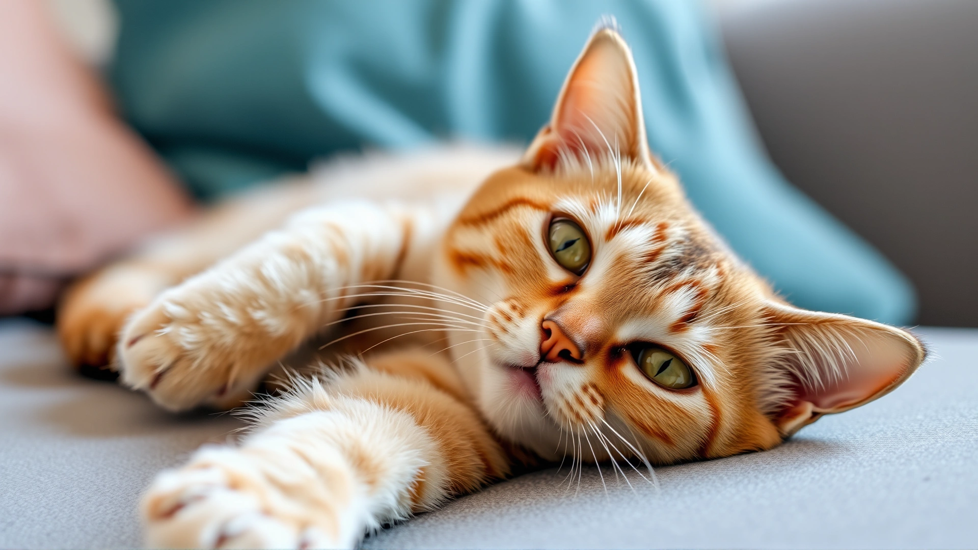Content, relaxed cat lying on a cozy couch, looking directly at camera with bright eyes, symbolizing post-treatment wellbeing.
