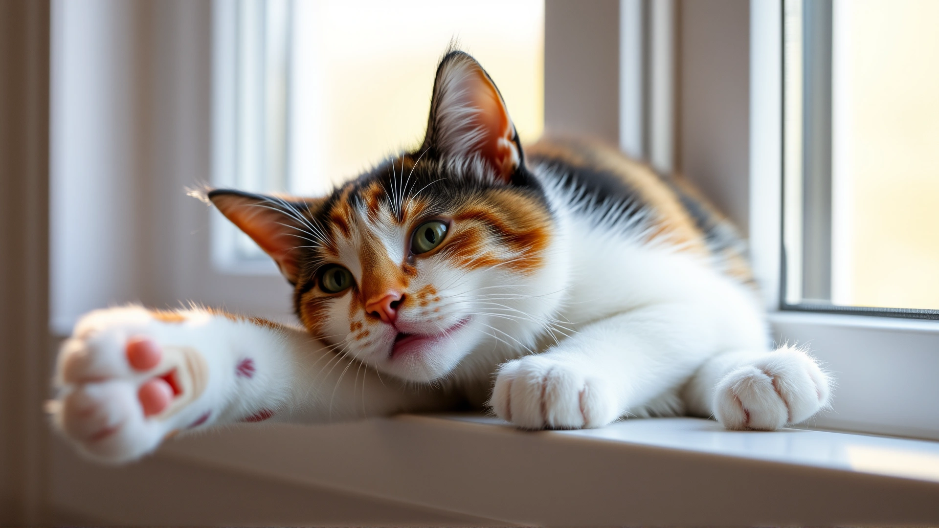 Healthy and playful calico cat stretching on a window sill with sunlight streaming in, vibrant and cheerful mood