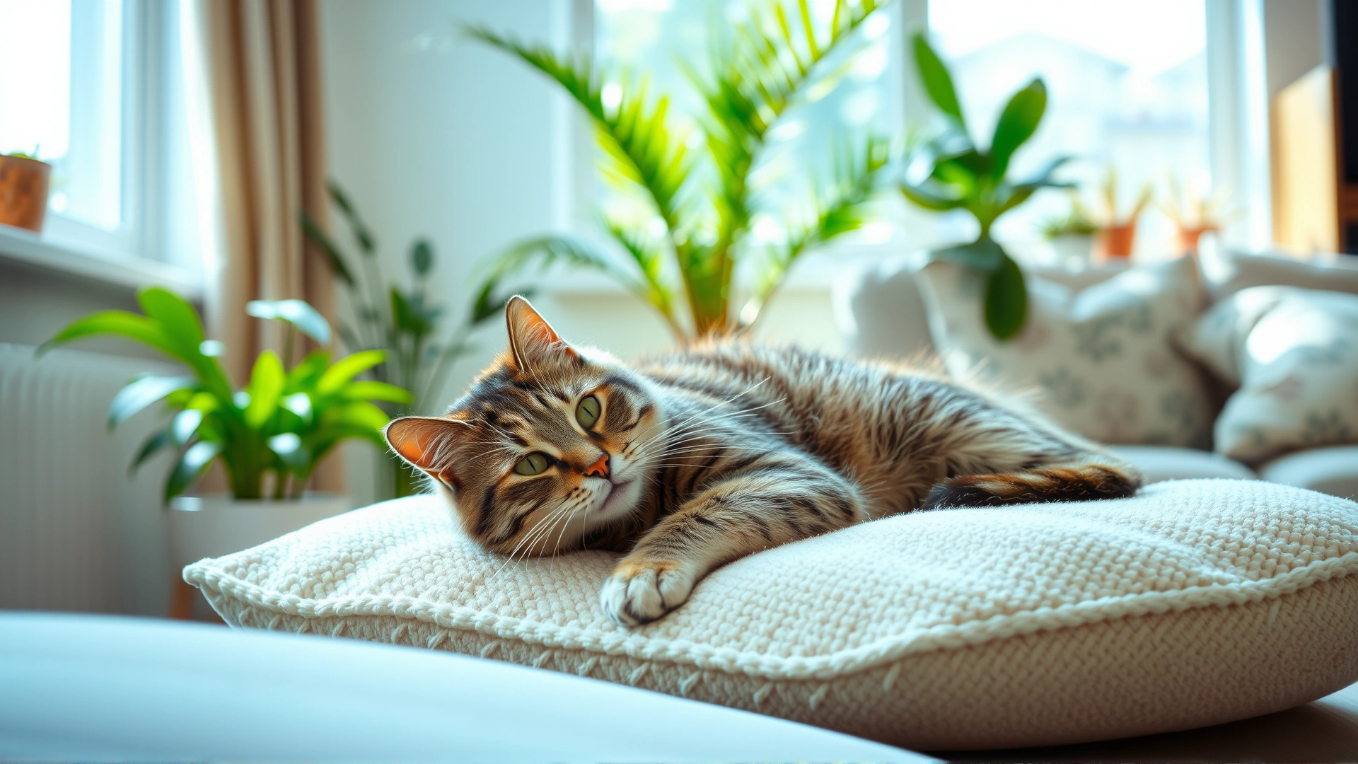 Content cat lounging on a plush cushion in a bright, spotless living room, plants and sunlight in background, signifying a safe clean home