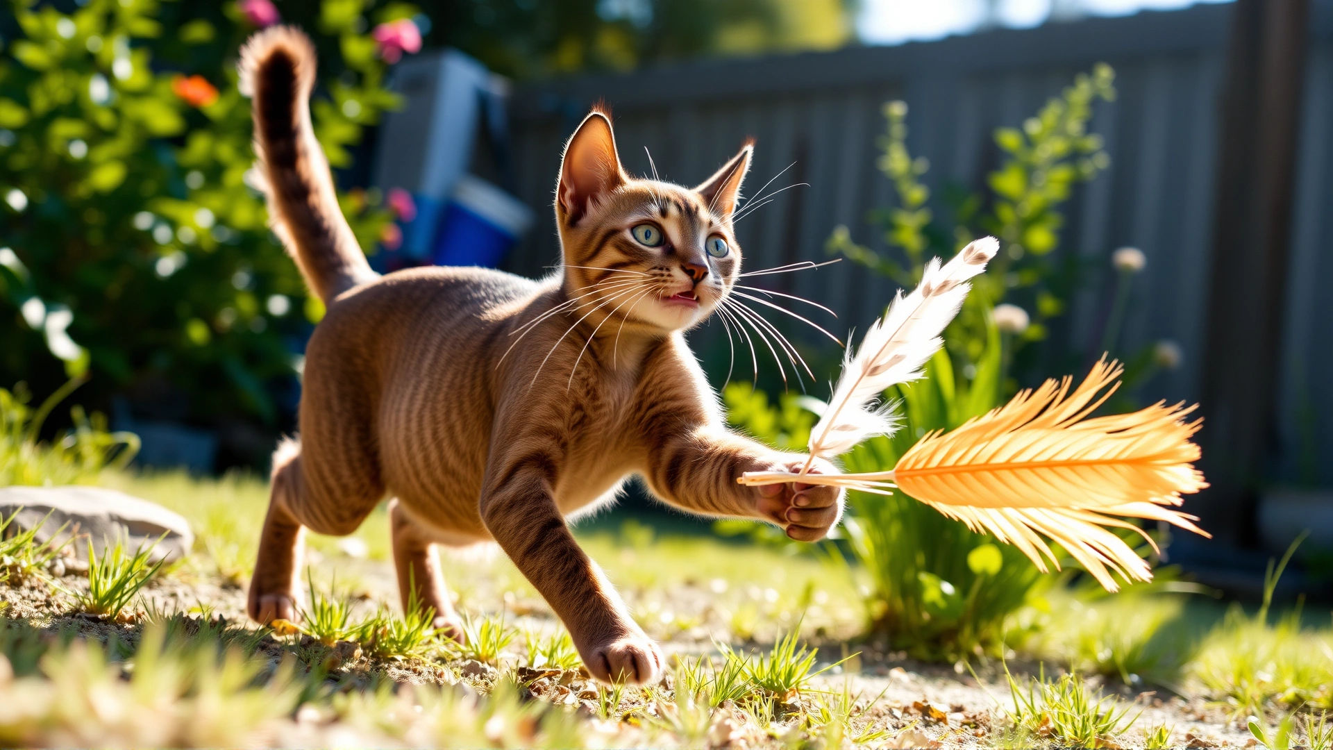 Tailless adult cat playfully chasing a feather toy in a sunlit backyard garden, showing agility and happiness.