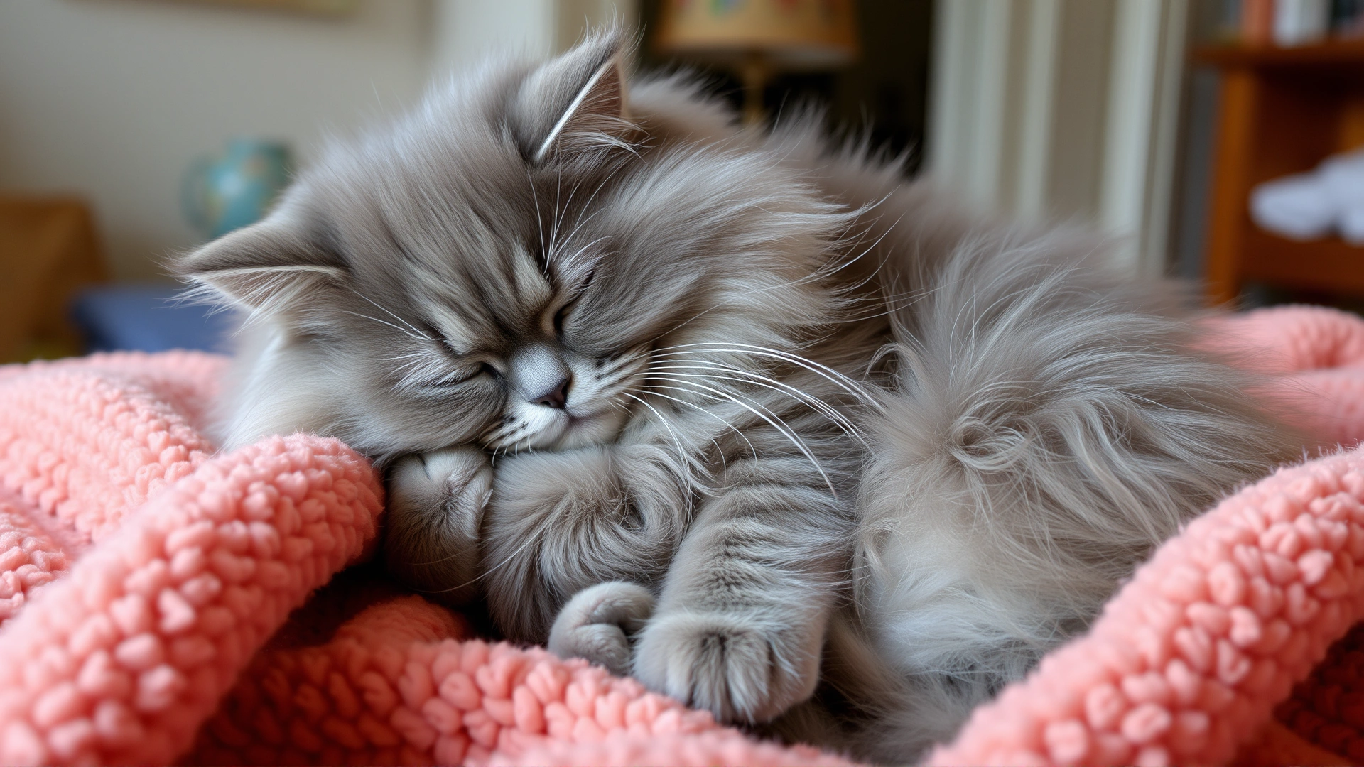 Fluffy grey cat kneading a soft blanket while purring, eyes half-closed, cozy home environment