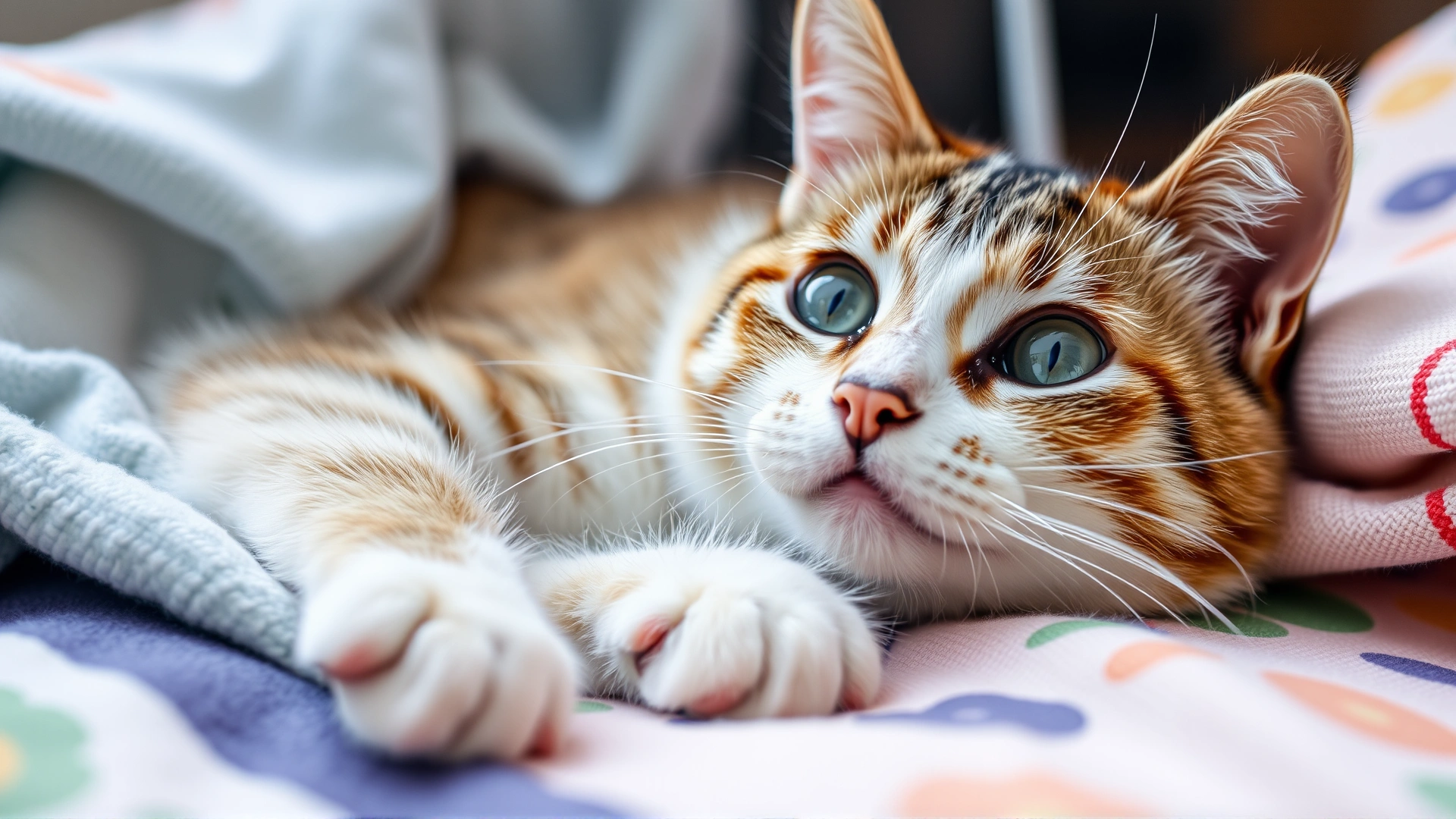 Healthy playful cat stretching comfortably on a sunny windowsill with green plants in background, vibrant colors, cheerful mood