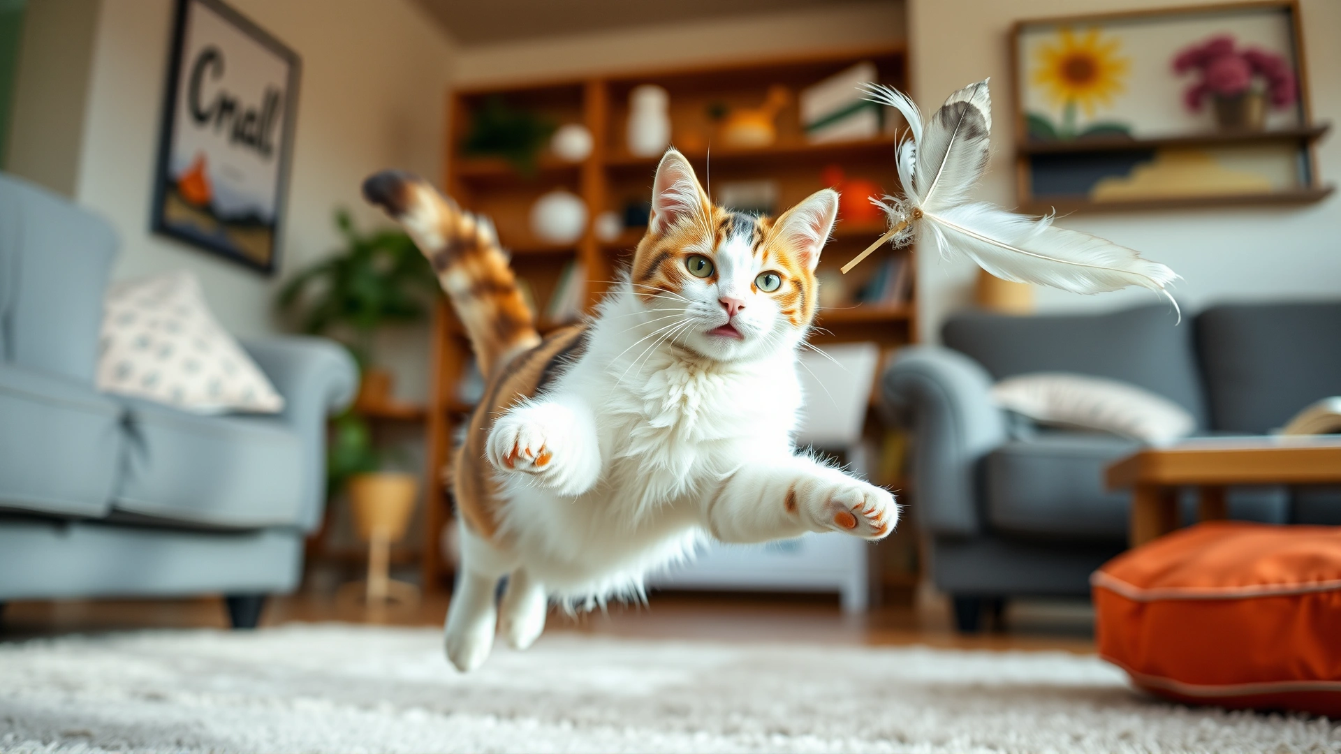 Bright photo of a healthy playful cat jumping and chasing a feather toy in a living room, conveying recovery and vitality