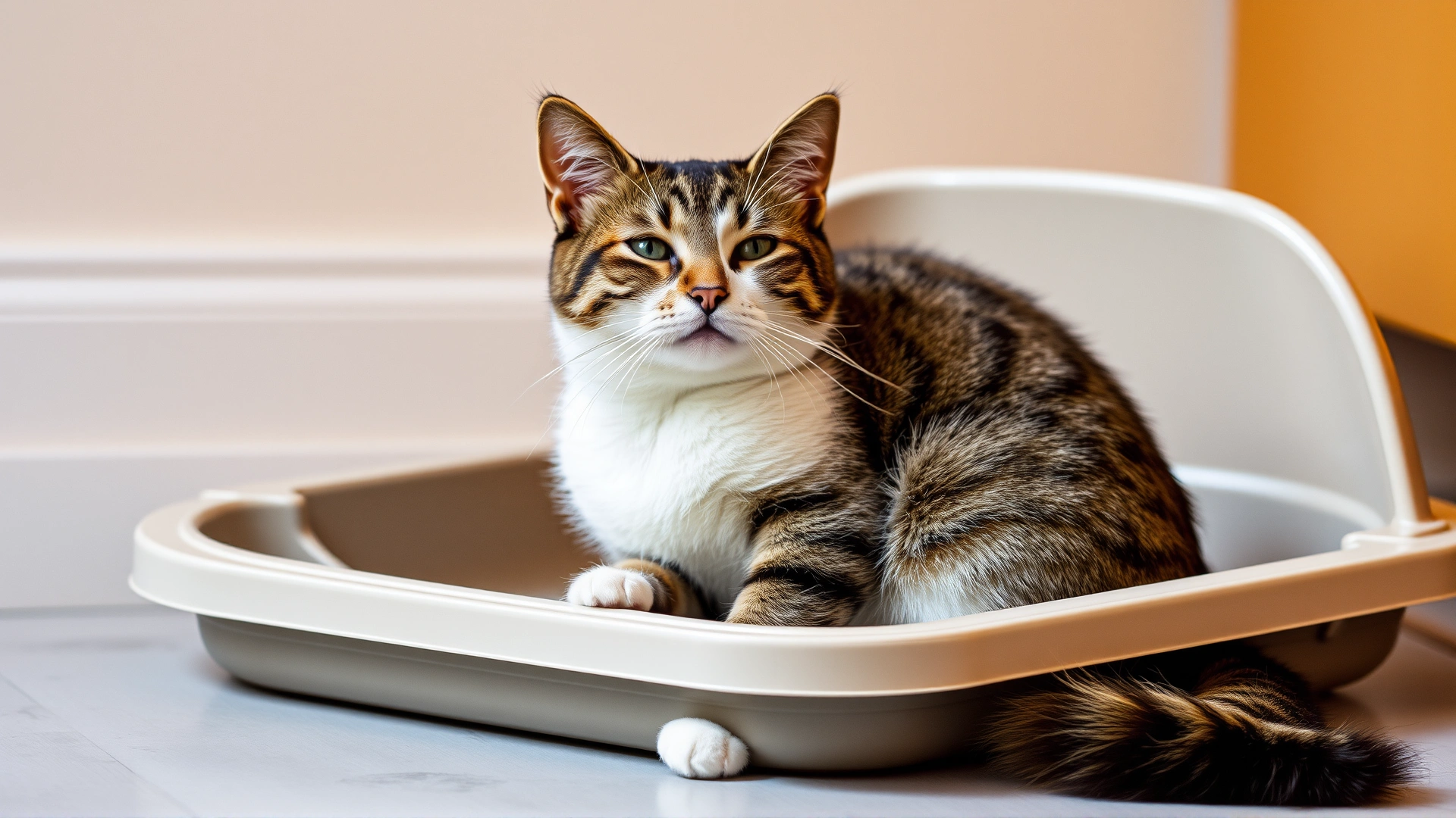 Relaxed cat sitting next to its freshly cleaned litter box, looking content and healthy