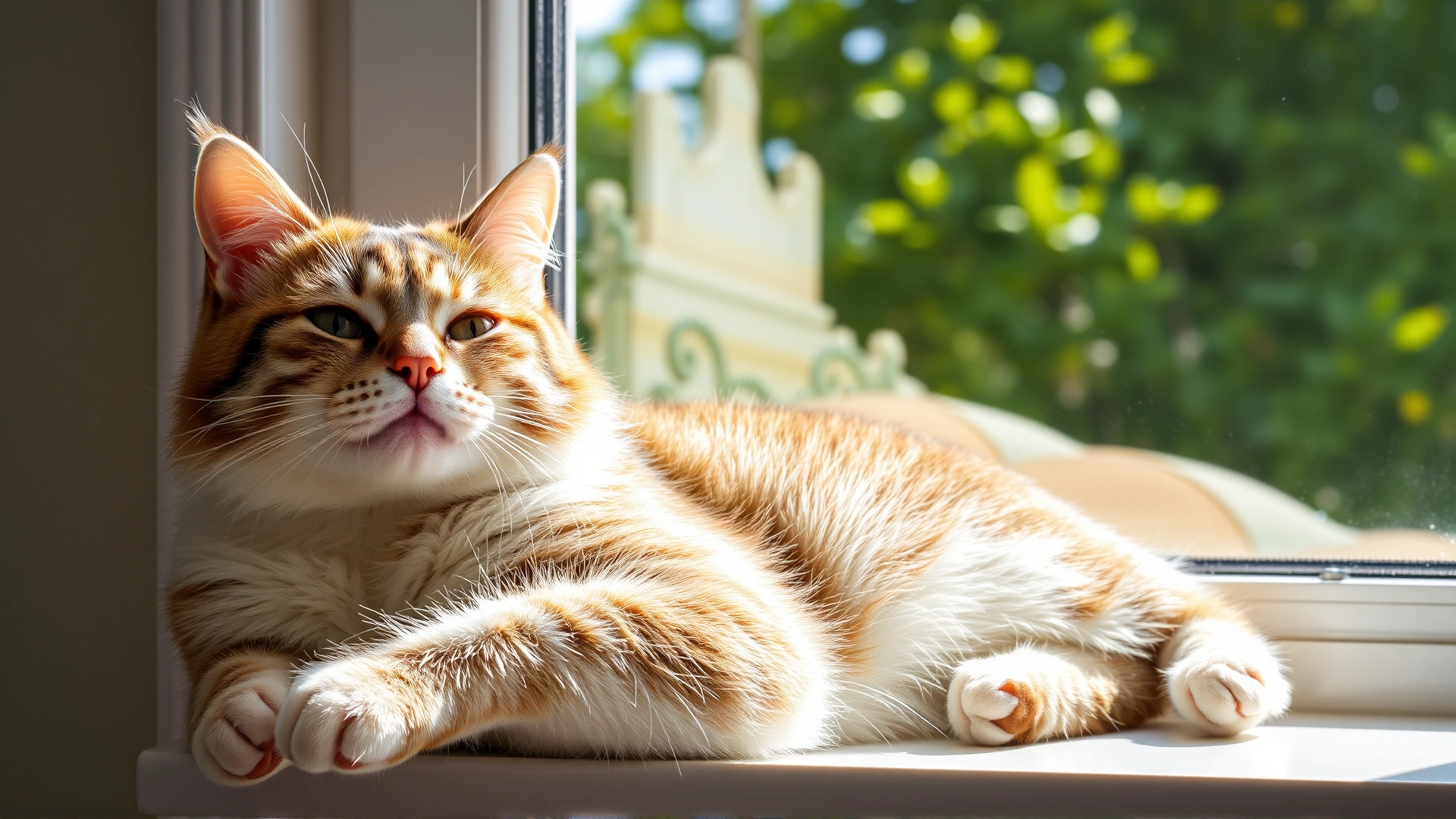 Bright photo of a healthy, relaxed cat lounging on a windowsill with sunlit greenery outside, conveying recovery and well-being