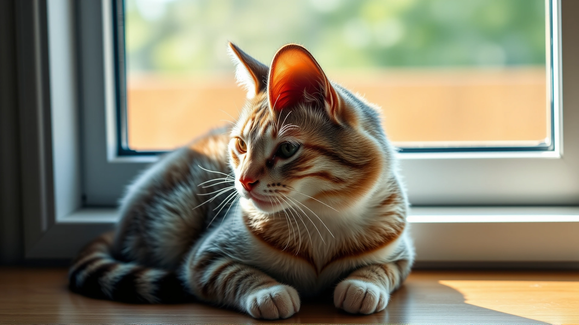 Recovered cat with healed ear sitting contentedly by a sunny window indoors, relaxed posture, no text.