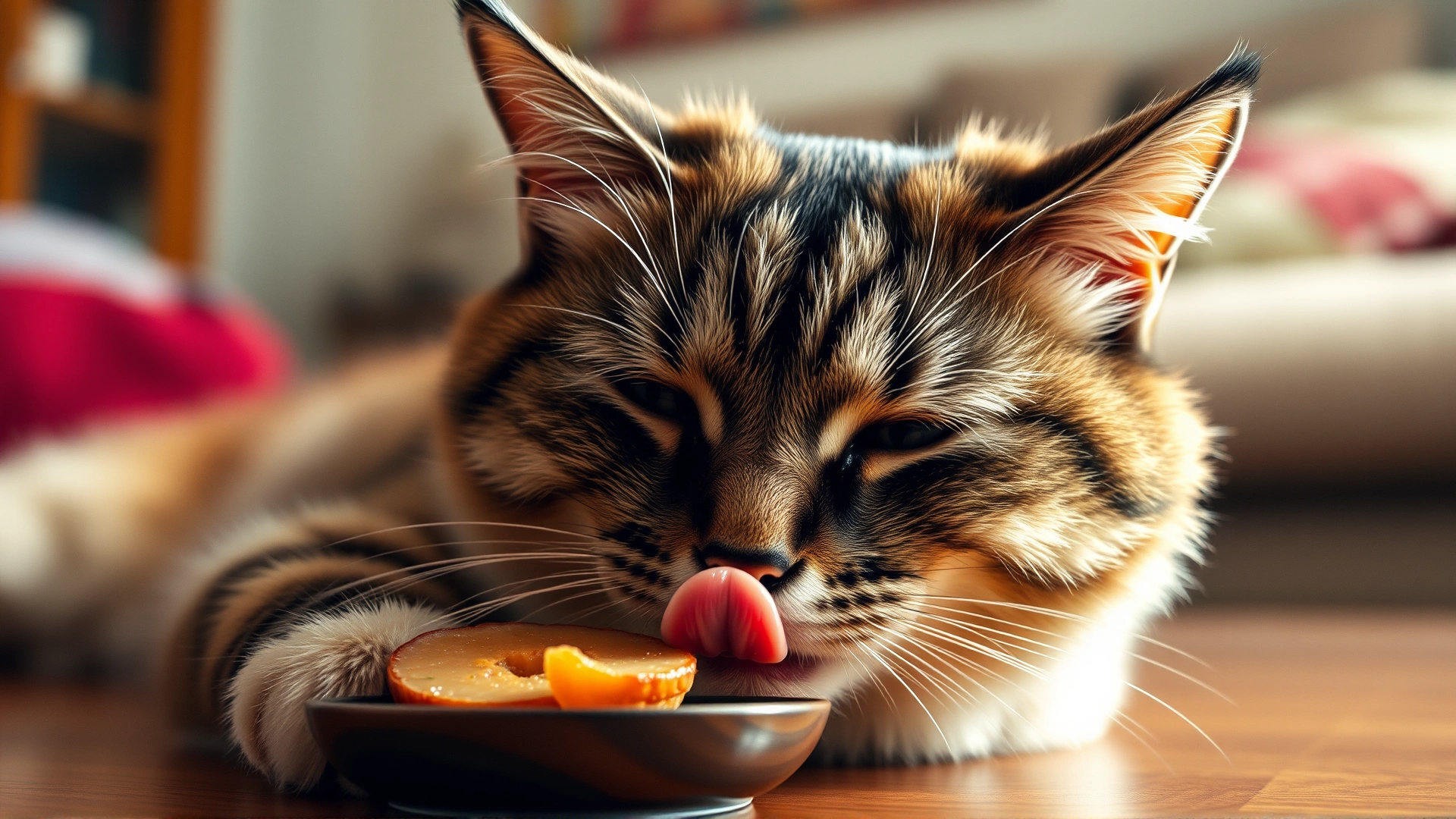 A relaxed cat licking its lips after eating, with a small tuna treat nearby, cozy living-room setting, warm tones.