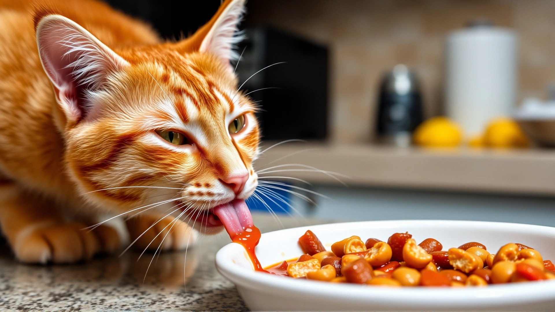 Content orange cat licking wet food from a ceramic dish, kitchen countertop background, vibrant colors, no text