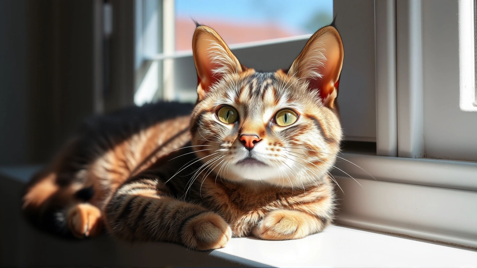 Healthy happy cat lounging on a sunny windowsill, showing bright clear eyes