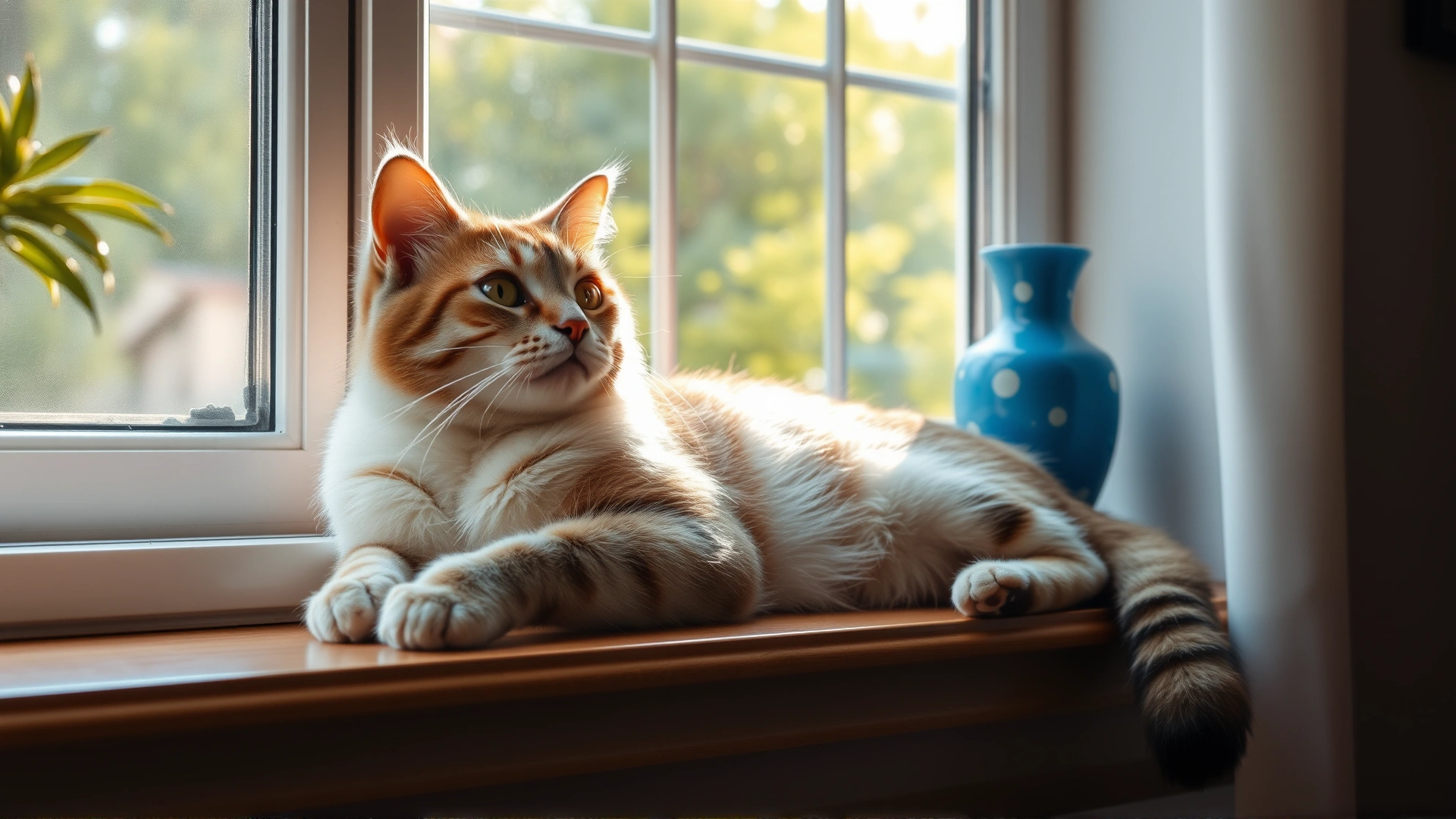 Healthy domestic shorthair cat lounging on a sunny windowsill in a cozy living room