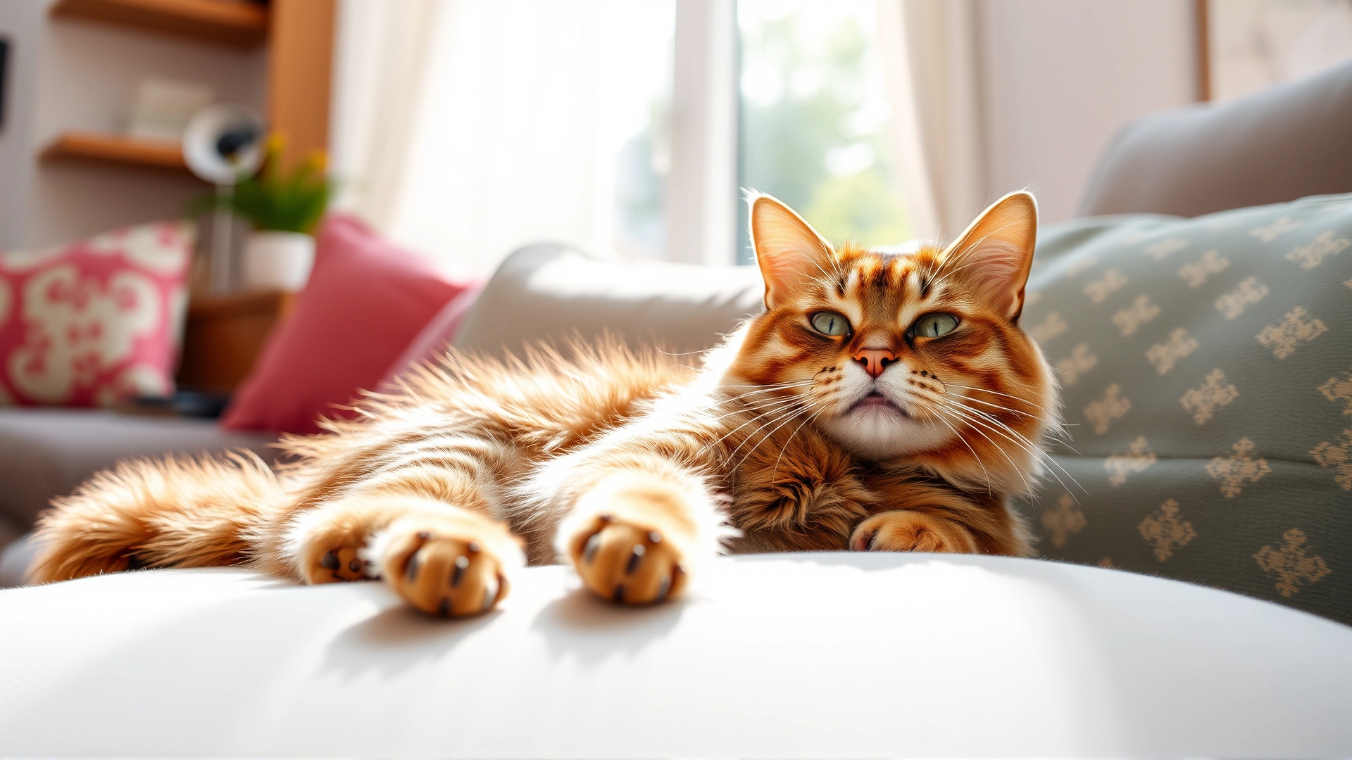 Bright photo of a healthy cat lounging on a sofa in a sunlit living room, looking relaxed and content