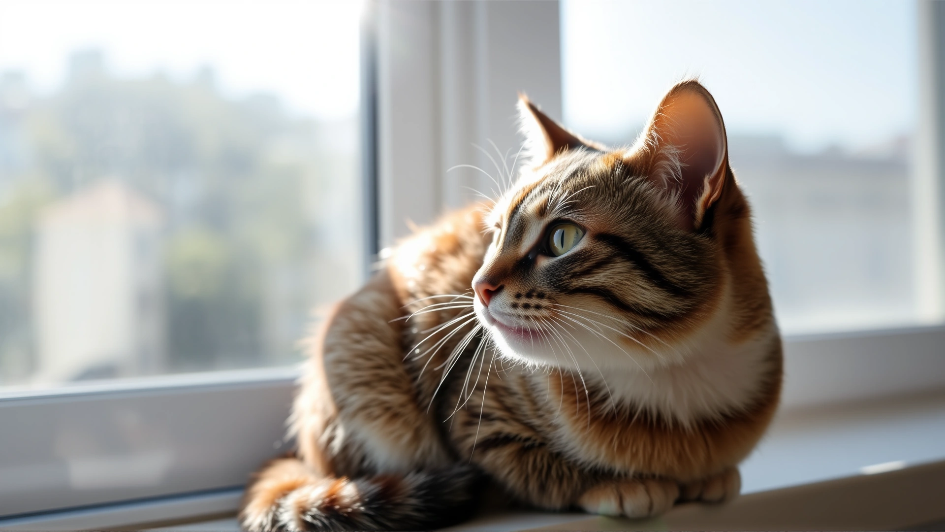 Content indoor cat sitting on a windowsill with sunlight streaming in, looking healthy and relaxed