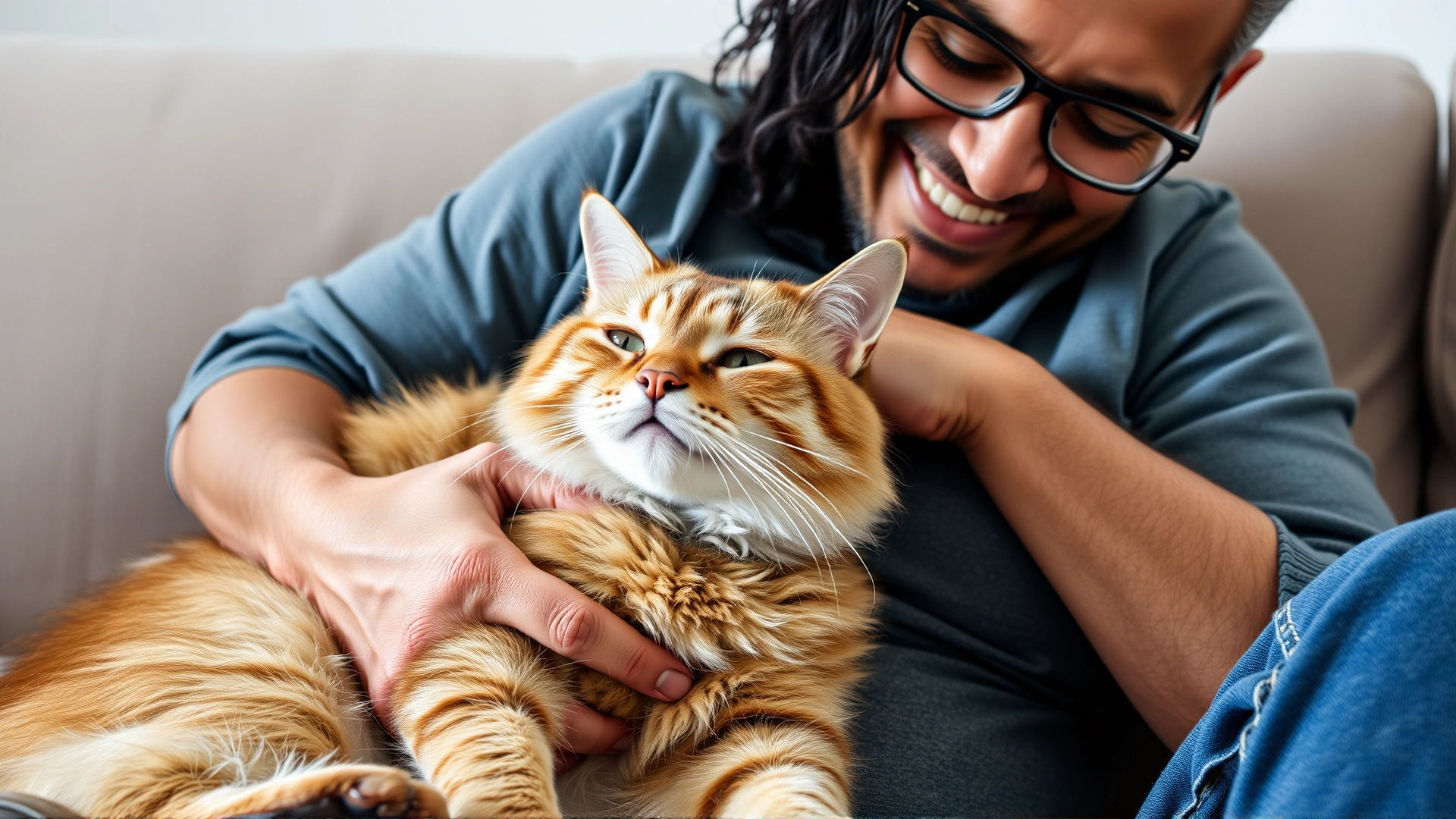 Smiling pet owner cuddling a healthy-looking cat on the couch, illustrating quality of life after proper diabetes management