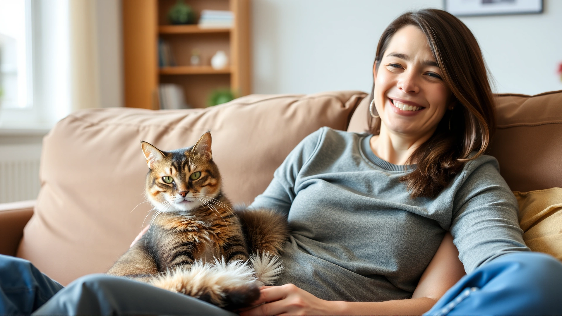 Smiling cat owner sitting on sofa with healthy cat on their lap; both appear relaxed and content, bright living room, no text.