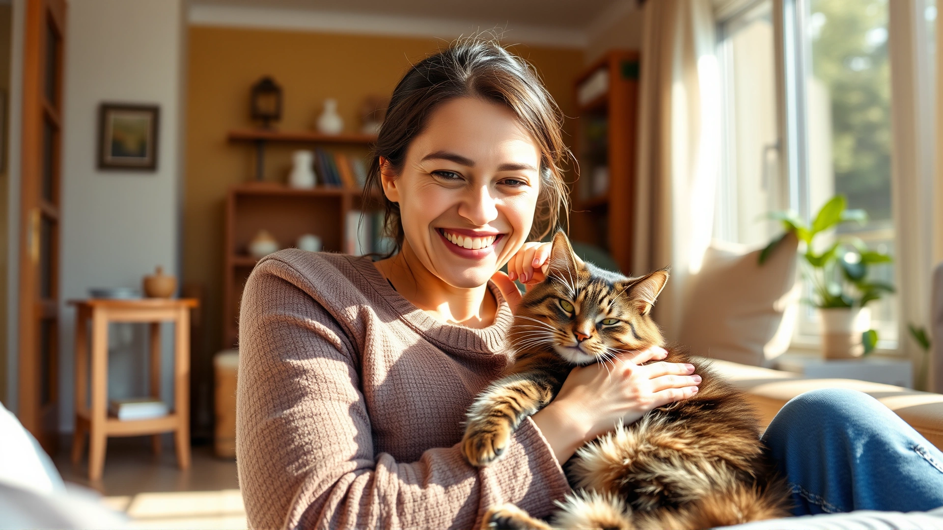 Smiling woman cuddling her healthy cat in a sunlit living room, portraying peace of mind provided by insurance.