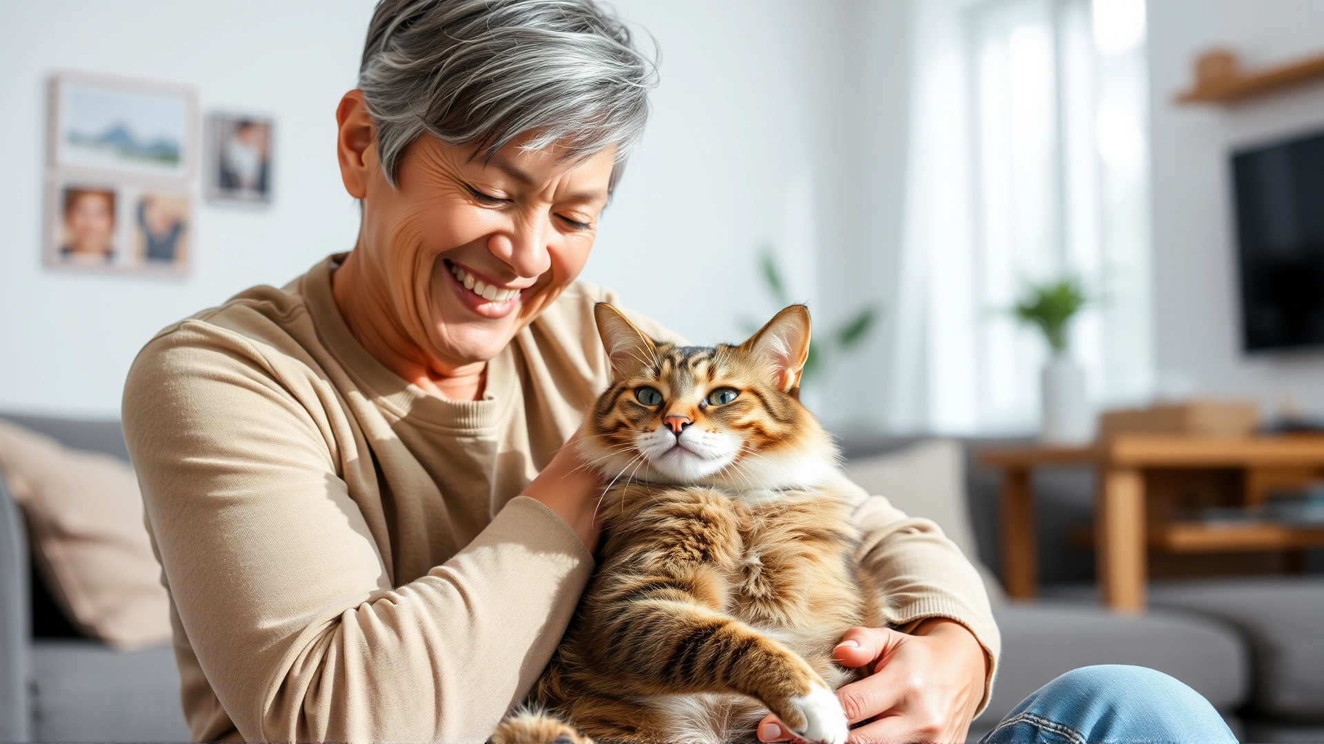 Smiling pet owner gently cuddling a healthy-looking cat in a bright living room, conveying recovery and companionship.