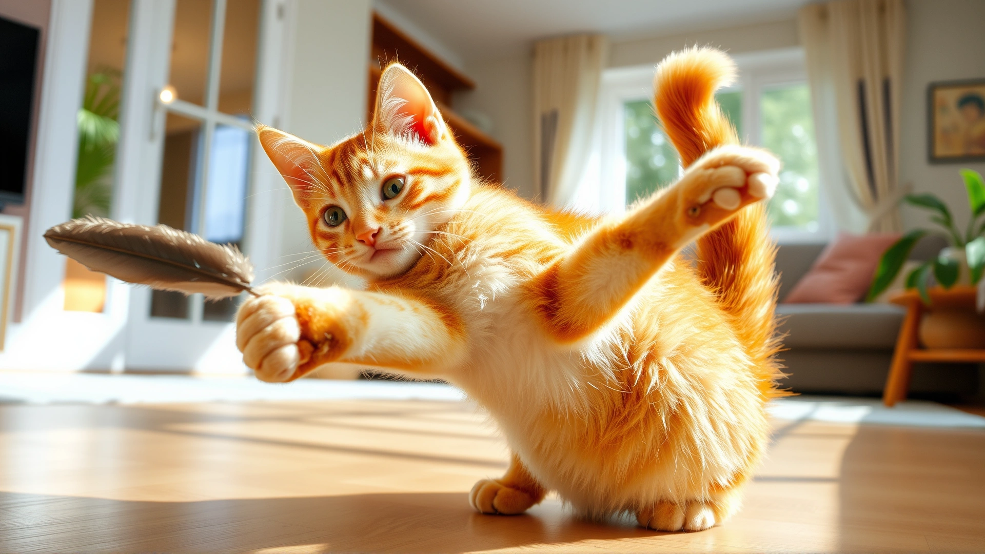 Cheerful image of a healthy young ginger cat stretching and playing with a feather toy in a sunlit living room after recovery.
