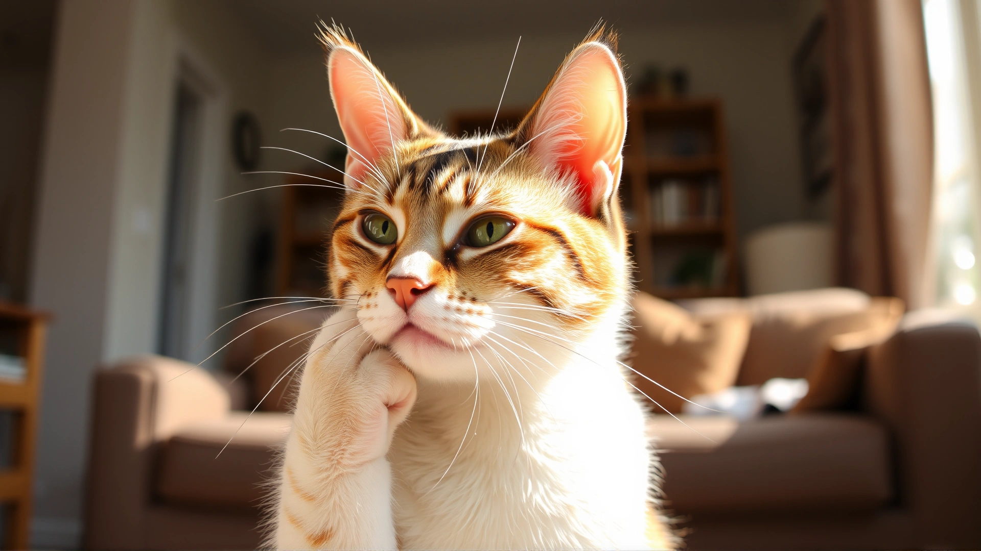 Playful cat grooming itself with healthy clean ears in a sunlit living room, representing prevention and well-being.