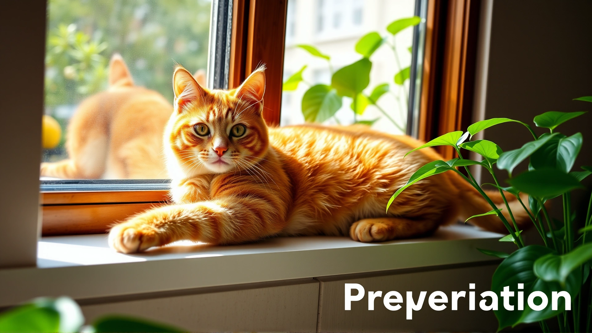 A healthy, playful ginger cat stretching on a sunny windowsill beside green indoor plants, symbolizing successful prevention.