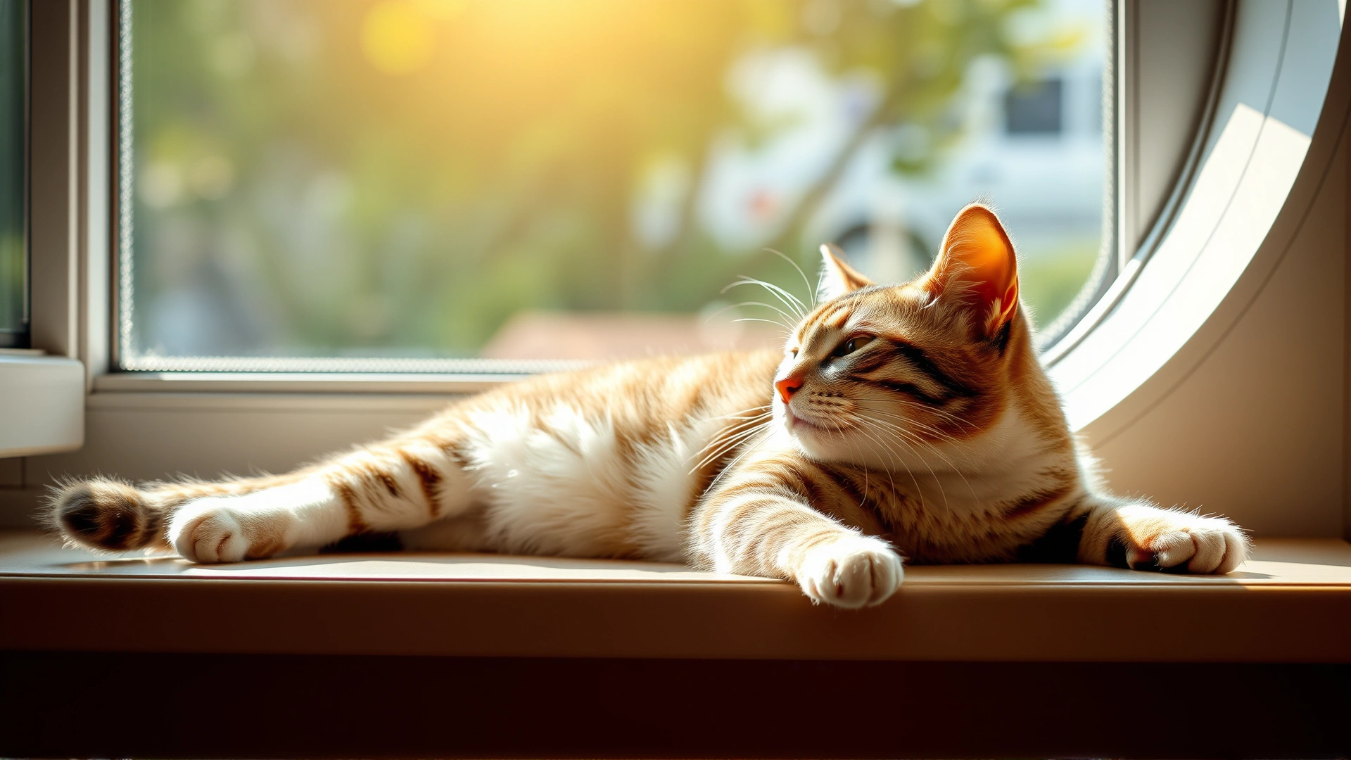 Healthy domestic cat stretching on windowsill bathed in sunlight, looking lively and recovered.